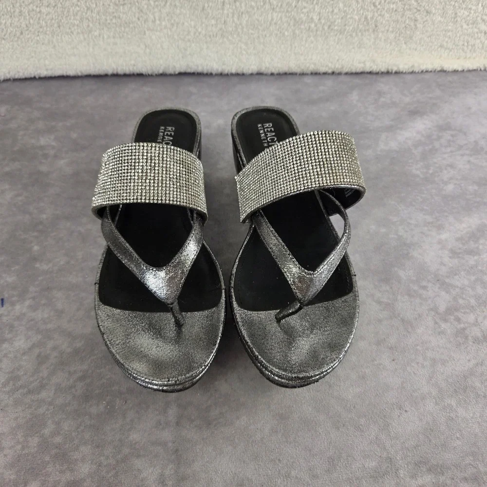 Kenneth Cole Reaction Pepea Cross Jewel Silvr Rhinestone Wedge Sandals RL24PCJ02
